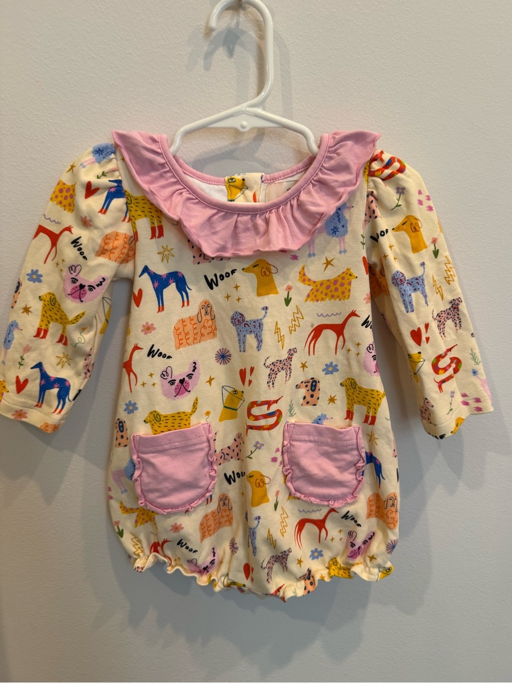 Smockingbird Girls 12M Dog Print Bubble Romper Pink Ruffle Pockets